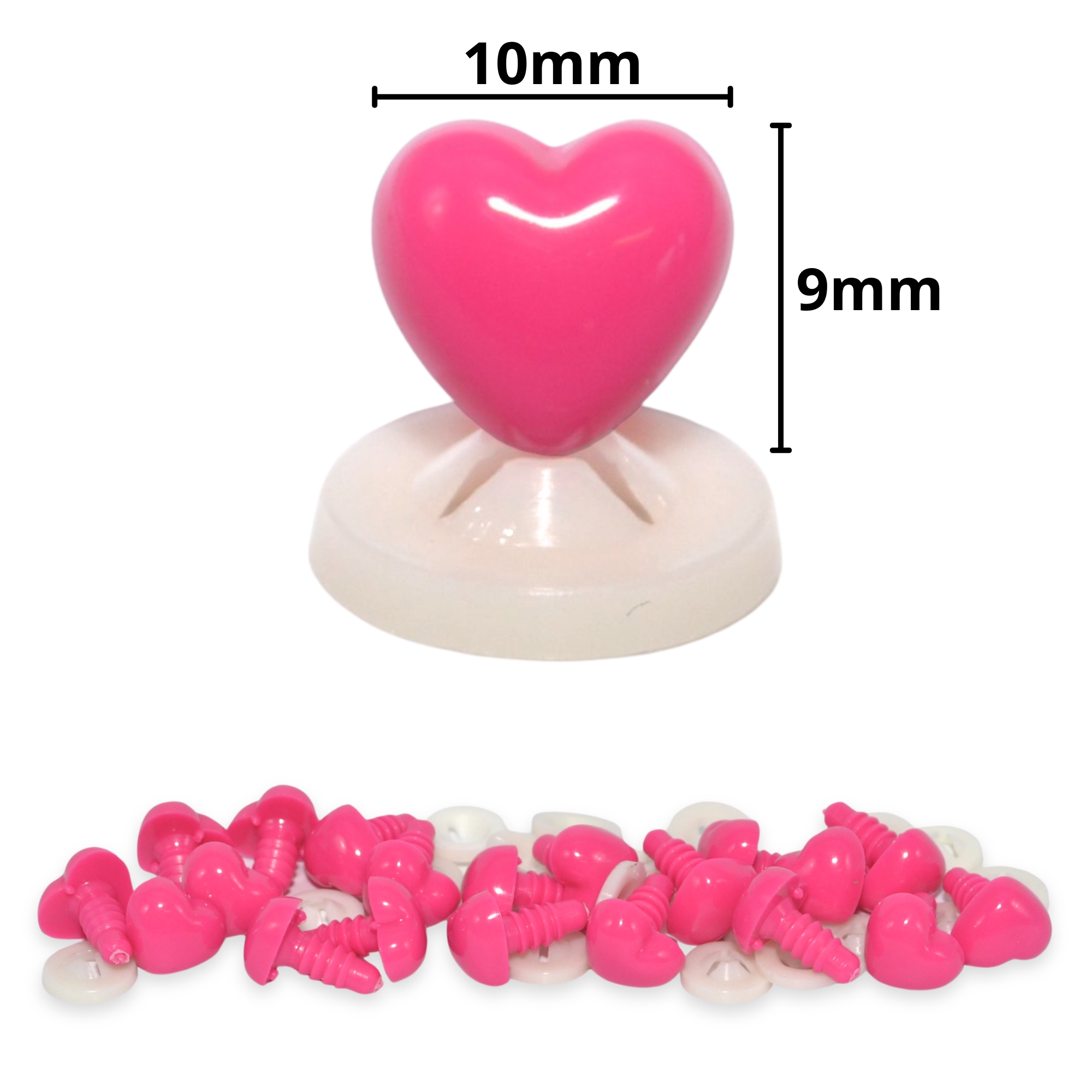 10mm x 9mm Hot Pink Heart Noses with Plastic Backs