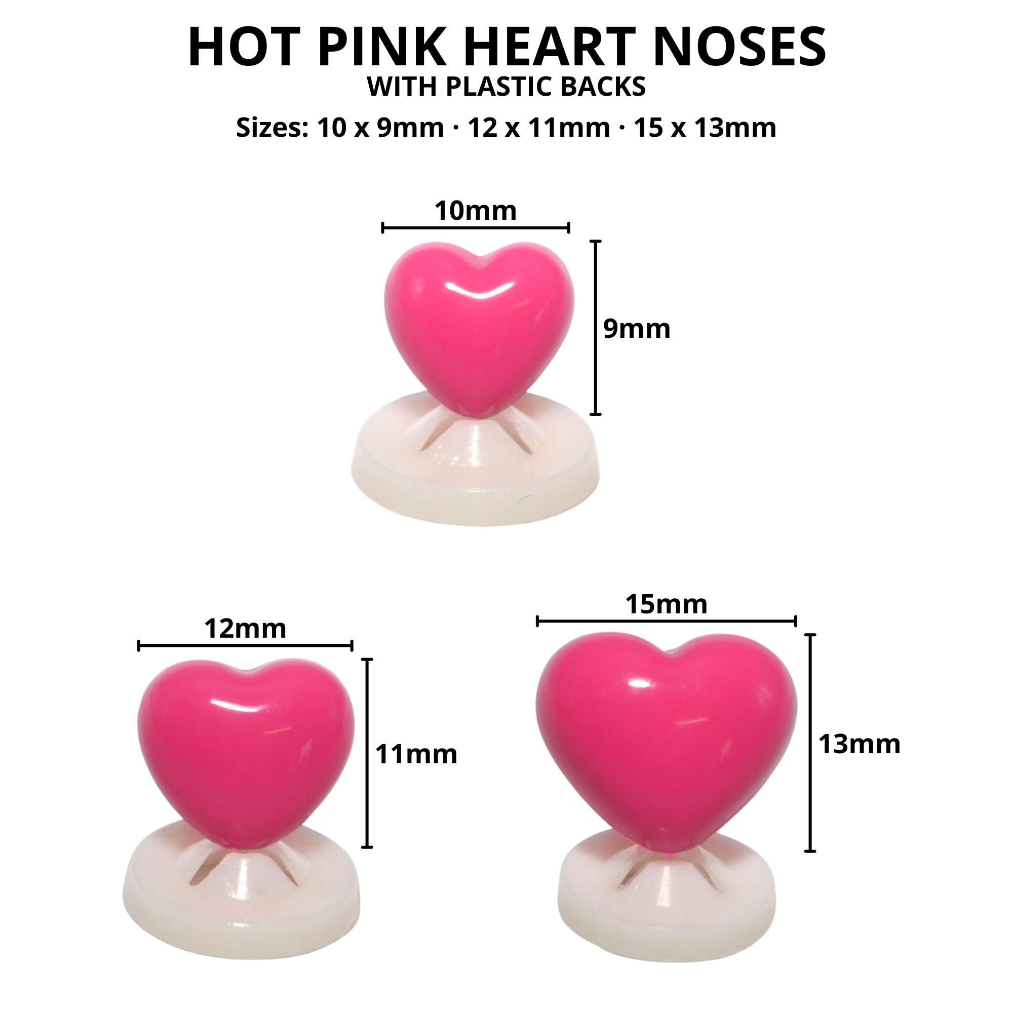 10mm x 9mm Hot Pink Heart Noses with Plastic Backs - Image 2