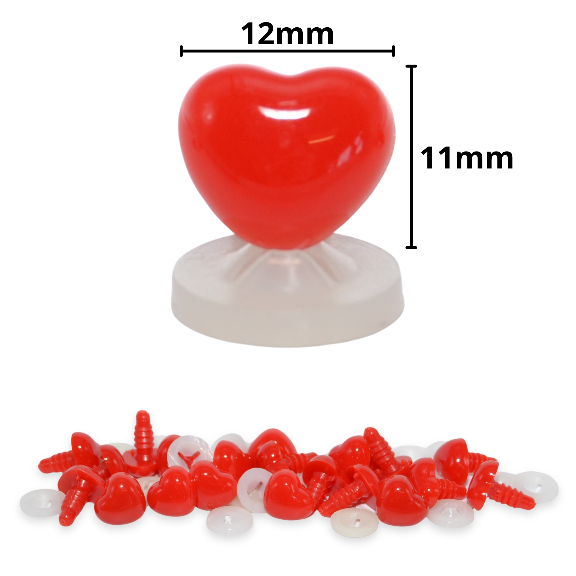 12mm x 11mm Bright Red Heart Noses with Plastic Backs