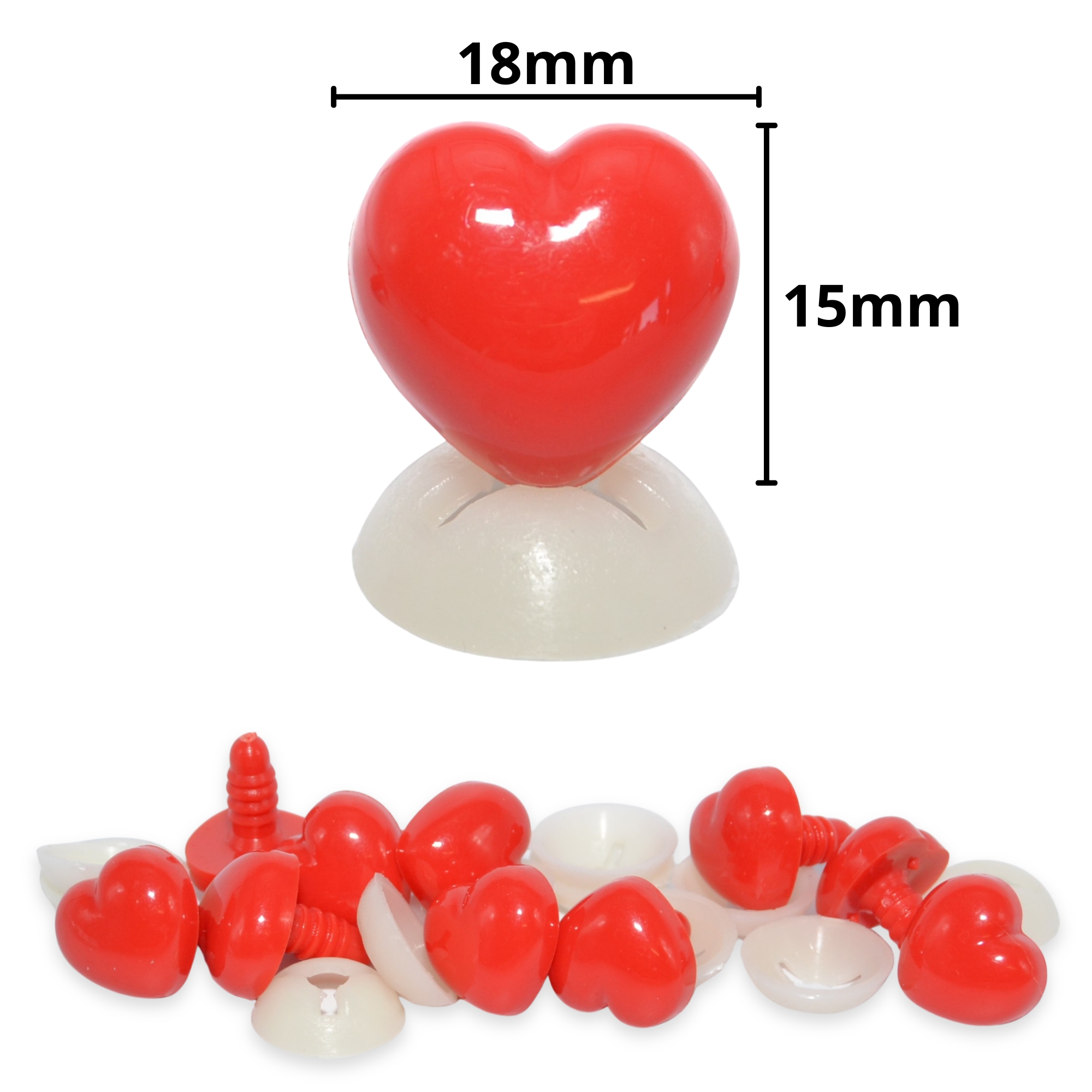 18mm x 15mm Bright Red Heart Noses with Plastic Backs