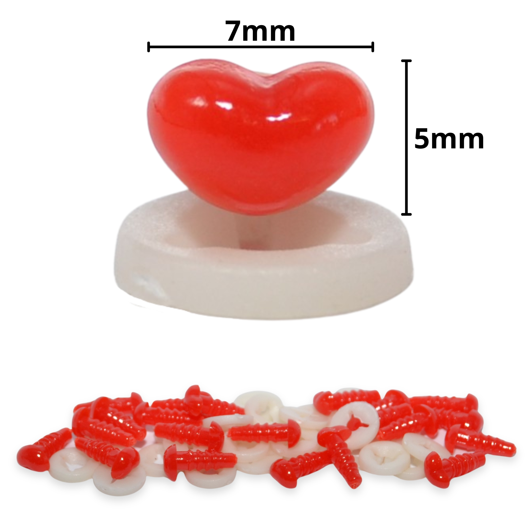 7mm x 5mm Bright Red Heart Noses with Plastic Backs
