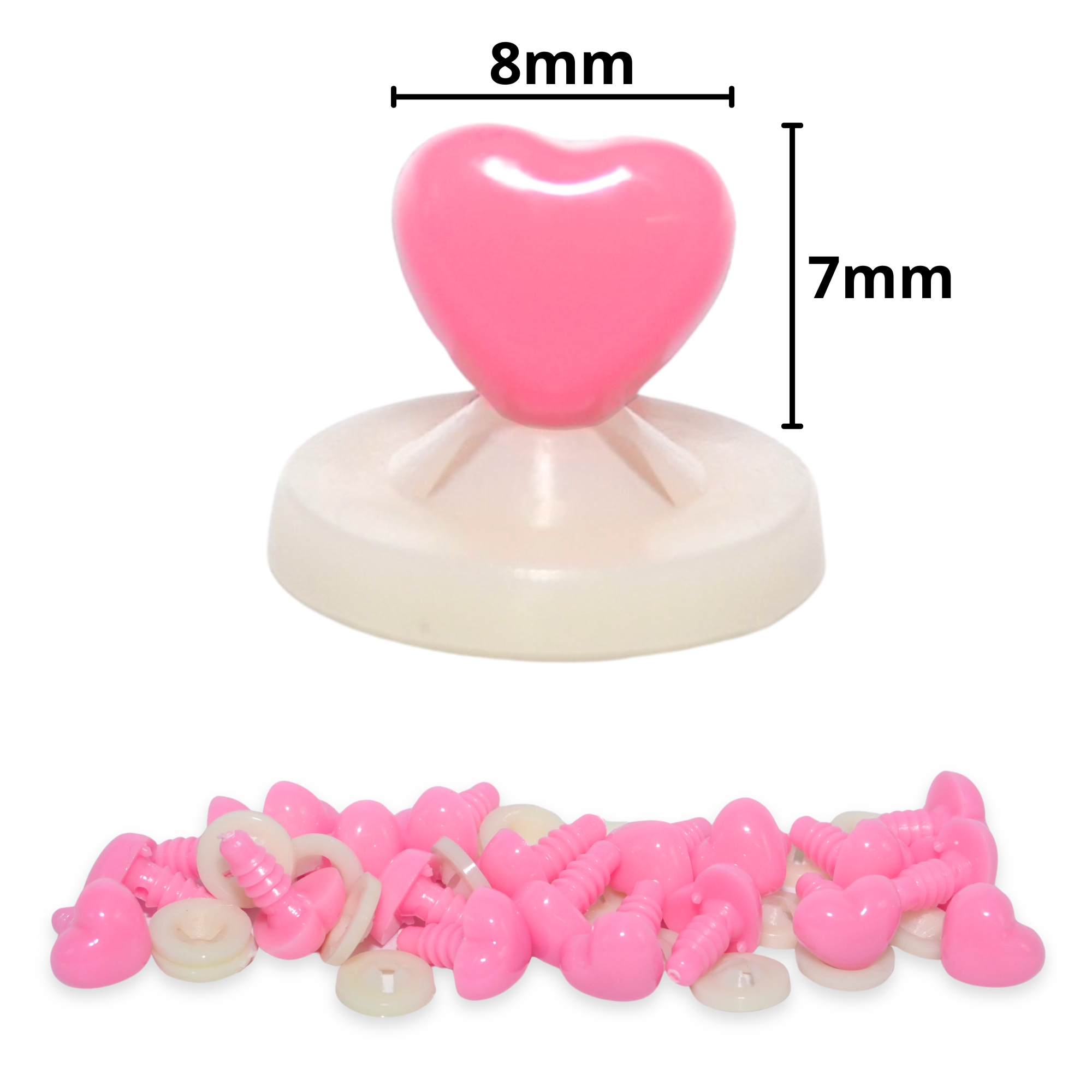 8mm x 7mm Flamingo Pink Heart Noses with Plastic Backs