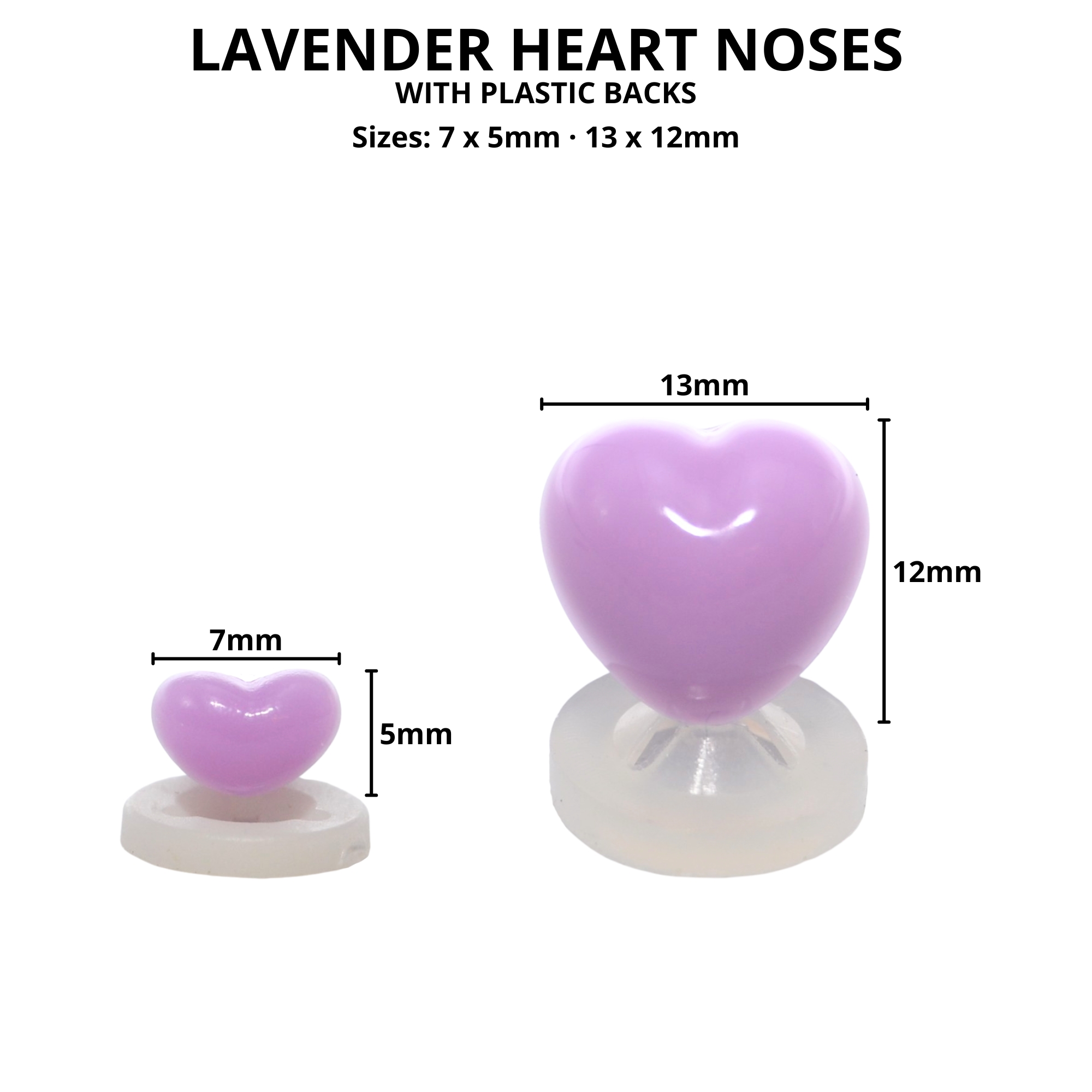 7mm x 5mm Lavender Heart Noses with Plastic Backs - Image 2