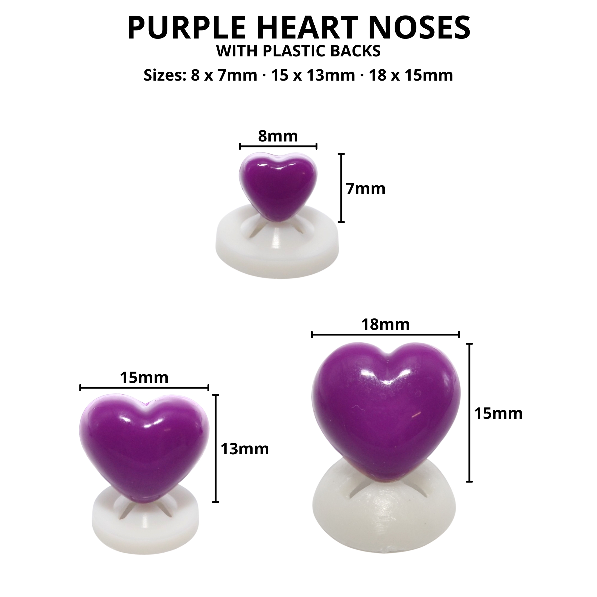 15mm x 13mm Purple Heart Noses with Plastic Backs - Image 2