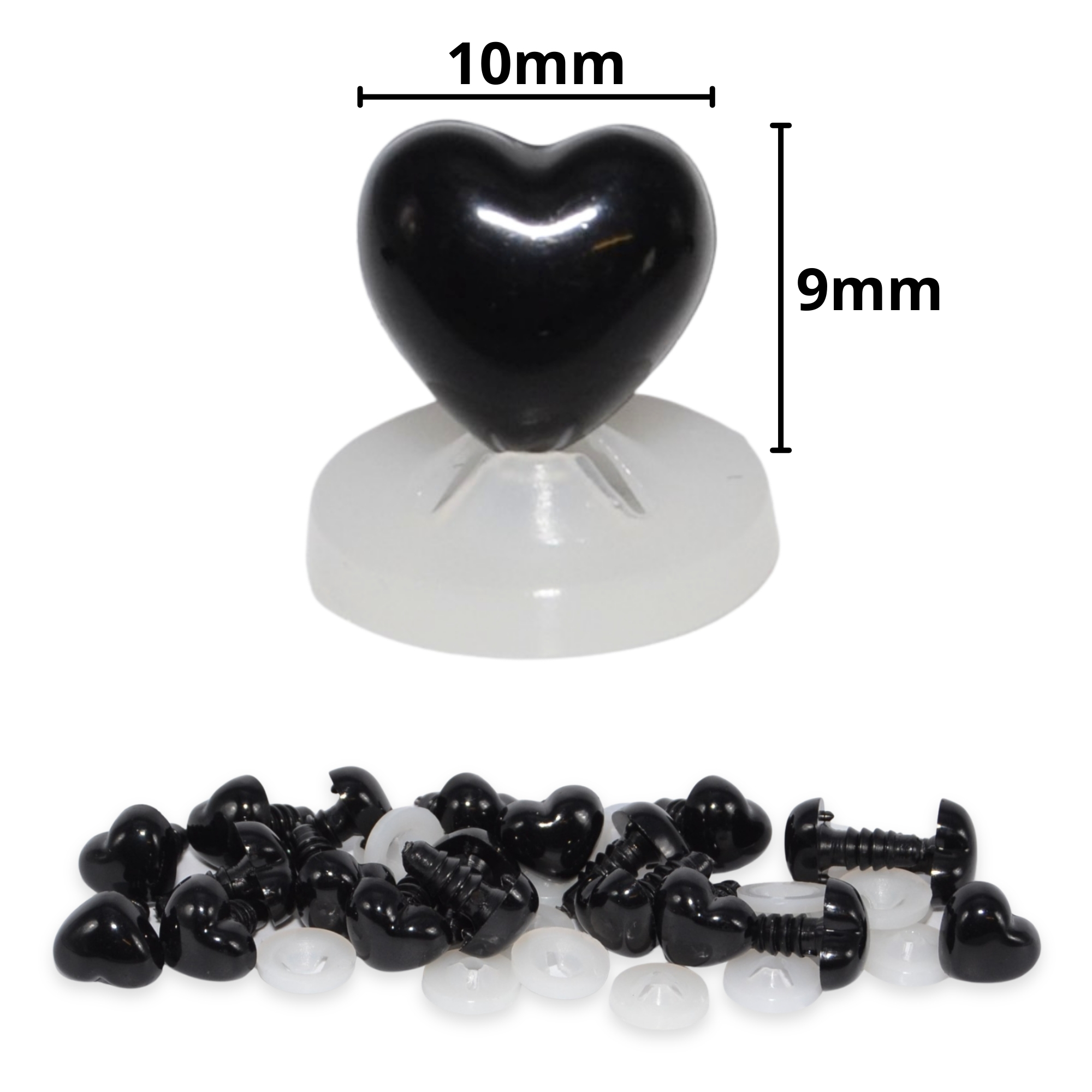 10mm x 9mm Black Heart Noses with Plastic Backs