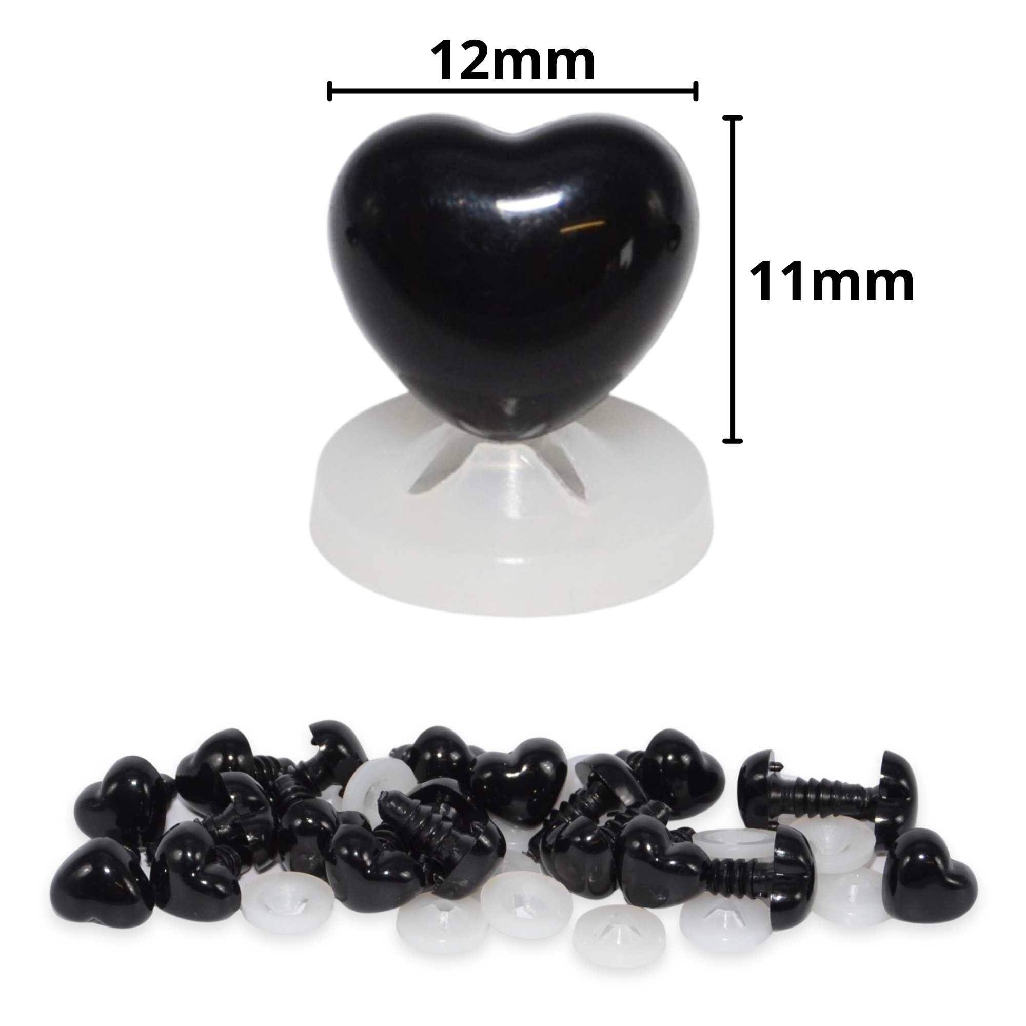 12mm x 11mm Black Heart Noses with Plastic Backs