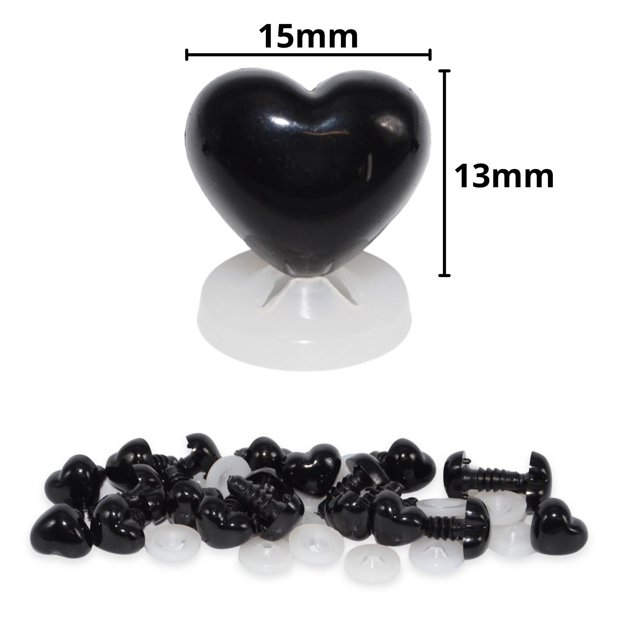 15mm x 13mm Black Heart Noses with Plastic Backs