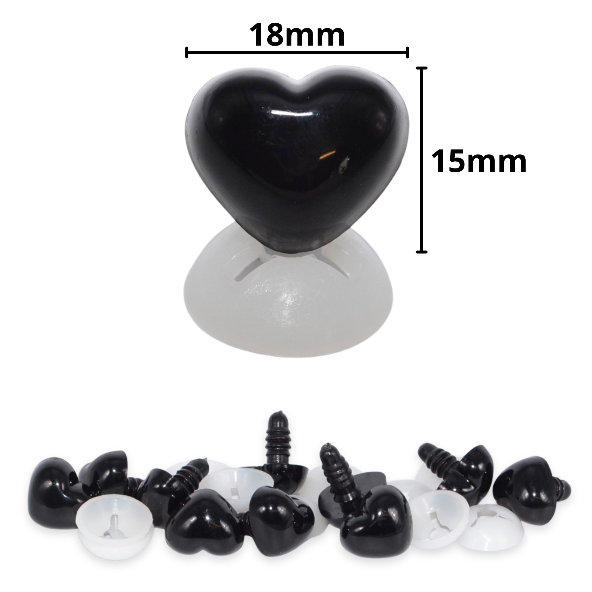 18mm x 15mm Black Heart Noses with Plastic Backs