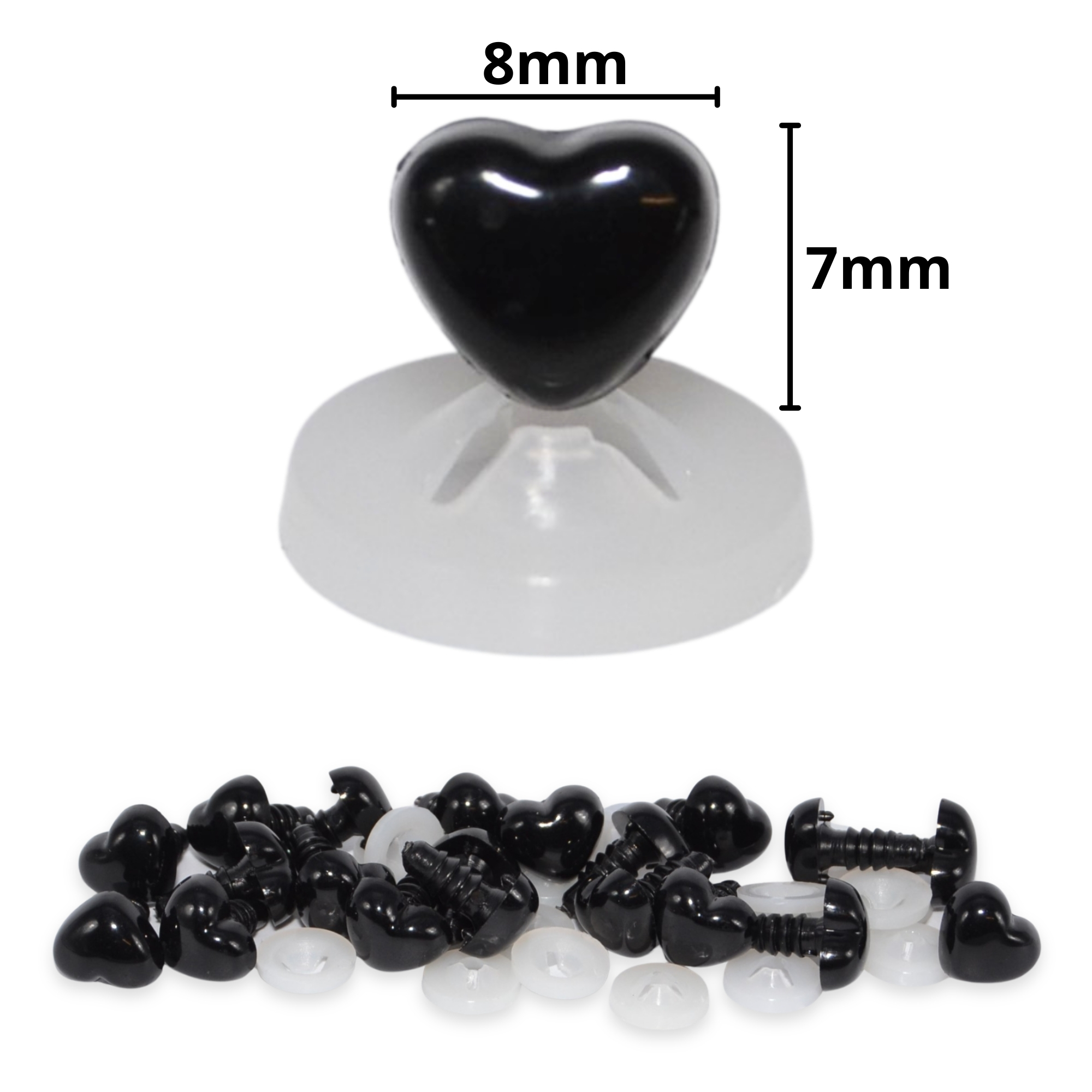 8mm x 7mm Black Heart Noses with Plastic Backs