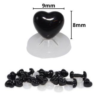 9mm x 8mm Black Heart Noses with Plastic Backs