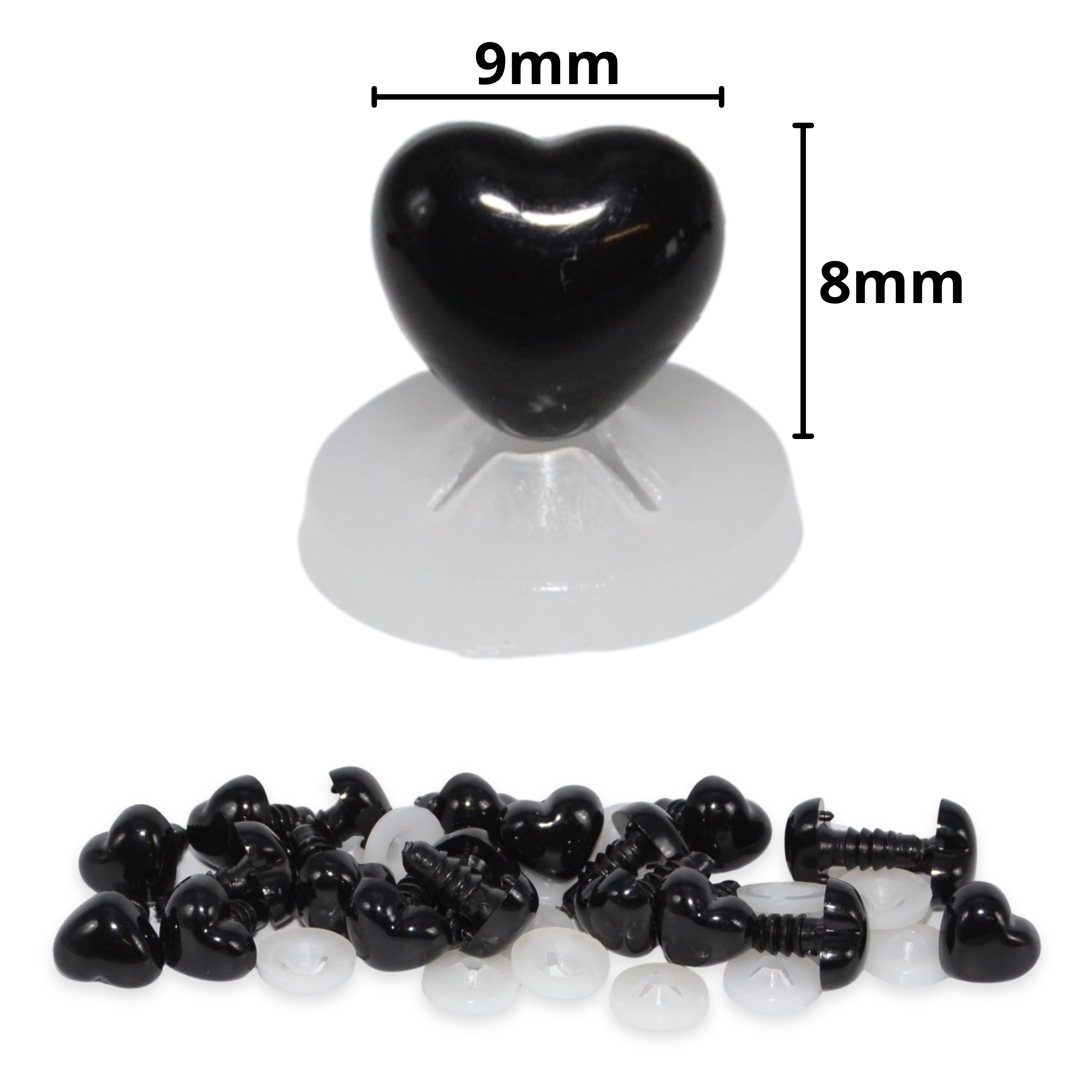 9mm x 8mm Black Heart Noses with Plastic Backs