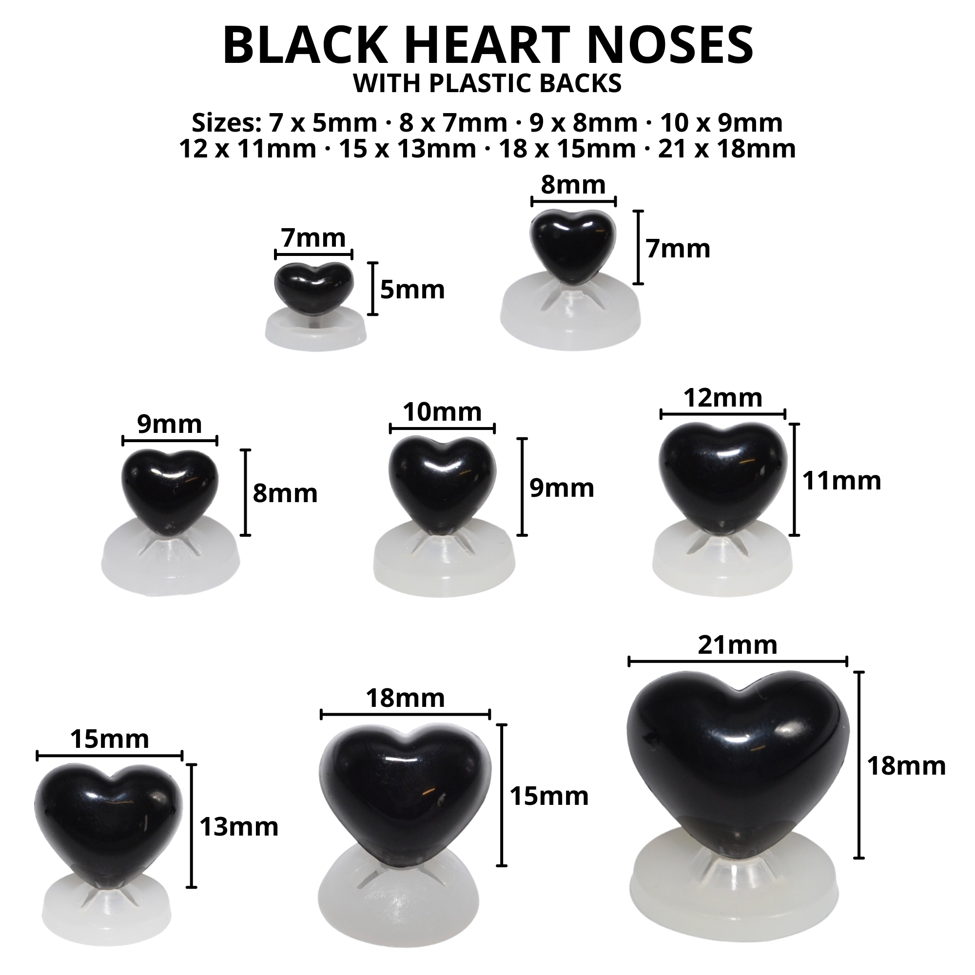 21mm x 18mm Black Heart Noses with Plastic Backs - Image 2