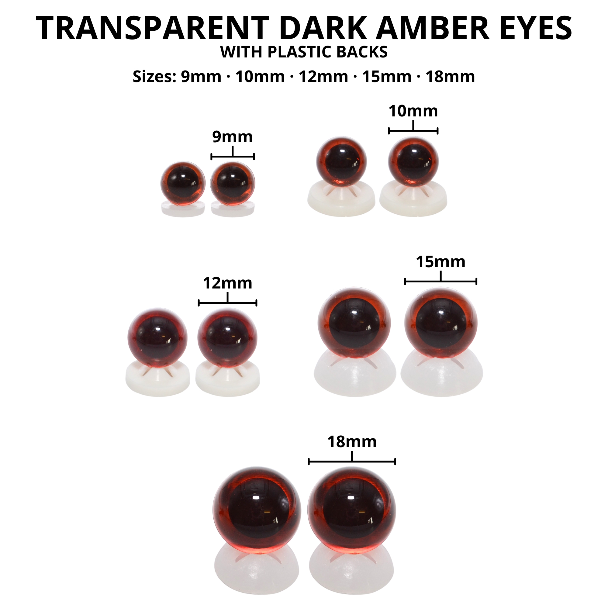 12mm Transparent Dark Amber Eyes with Plastic Backs - Image 3