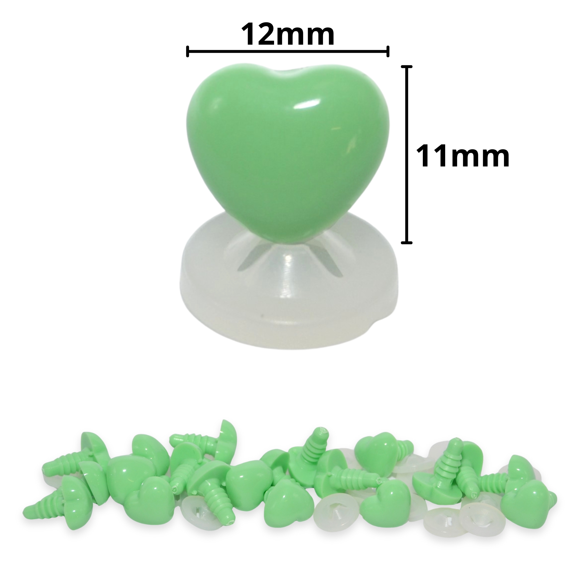 12mm x 11mm Mint Green Heart Noses with Plastic Backs