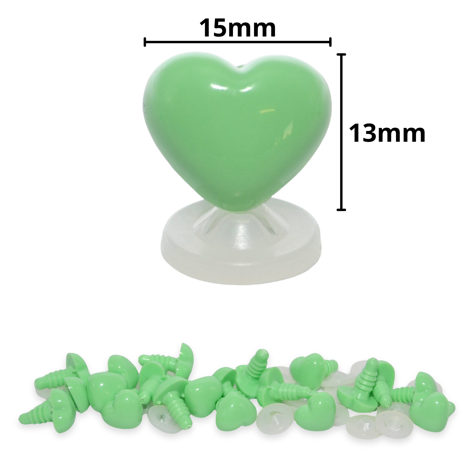 15mm x 13mm Mint Green Heart Noses with Plastic Backs