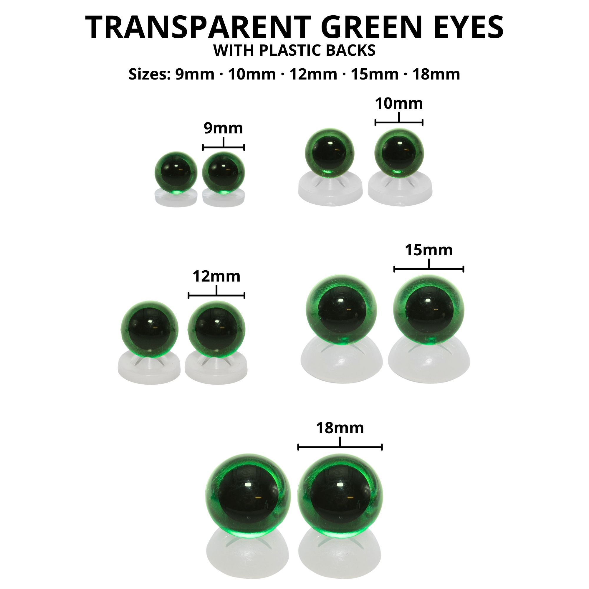 10mm Transparent Green Eyes with Plastic Backs - Image 3