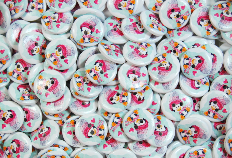 Children's Printed Wooden Buttons (Penguin with Hat - 20mm)