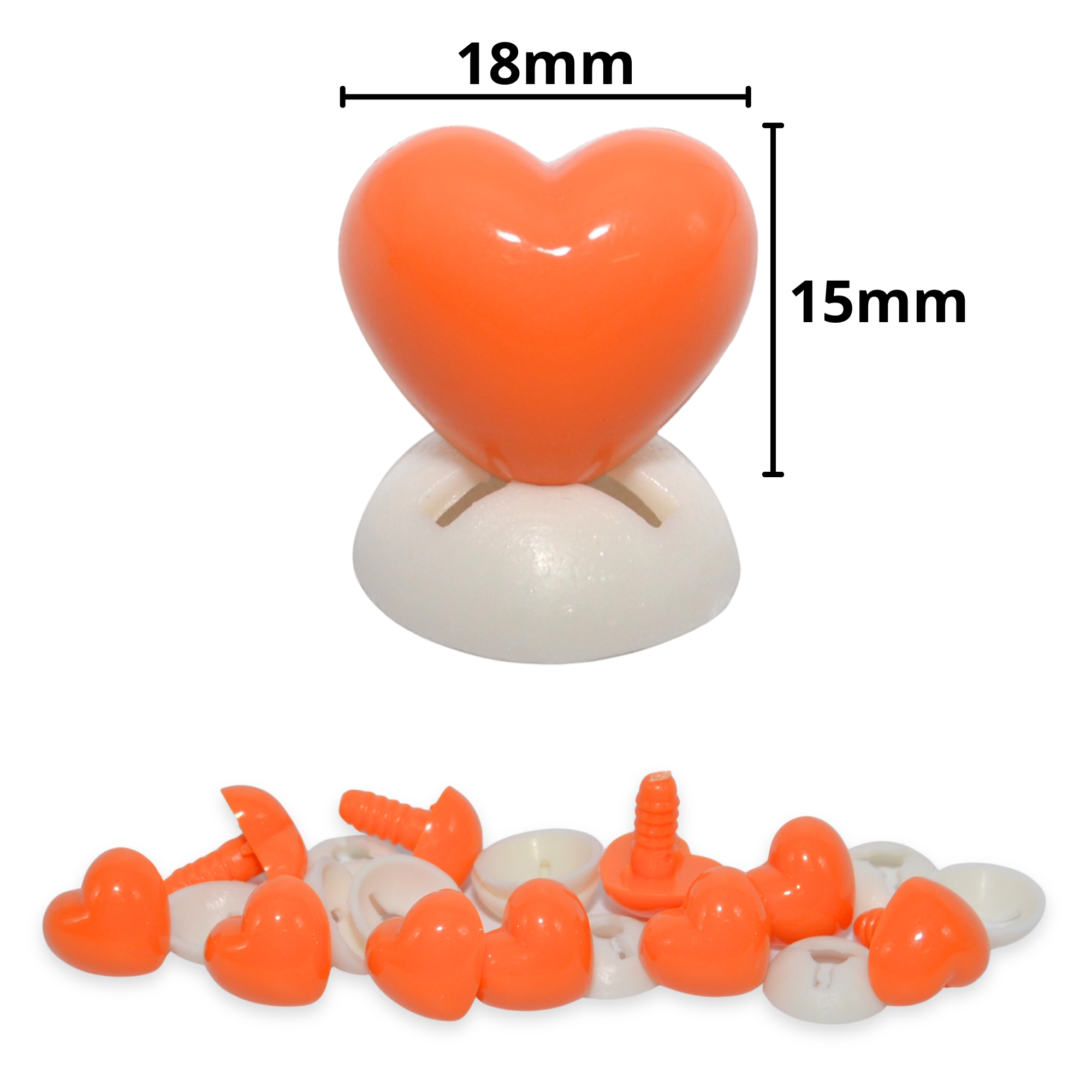 18mm x 15mm Orange Heart Noses with Plastic Backs