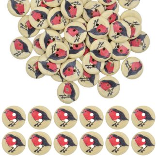15mm Christmas Robin - Printed Wooden Round Buttons