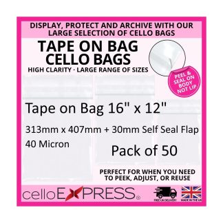 Pack of 50 - Tape on Bag 16" x 12" - 313mm x 407mm + 30mm Self Seal Flap - Mounted Photograph Cellophane Display Bags 40 Micron - Large Cello