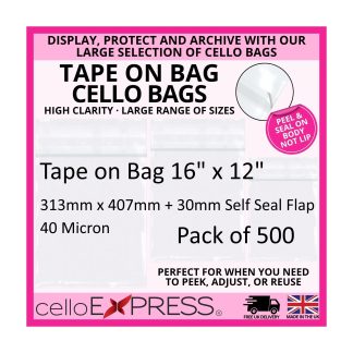 Pack of 500 - Tape on Bag 16" x 12" - 313mm x 407mm + 30mm Self Seal Flap - Mounted Photograph Cellophane Display Bags 40 Micron - Large Cello