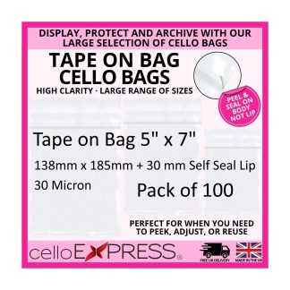 Pack of 100 - Tape on Bag 5 x 7 - 138mm x 185mm + 30mm Self Seal Flap - Cellophane Greeting Card Display Bags 30 Micron - Small Cello
