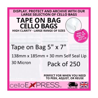 Pack of 250 - Tape on Bag 5 x 7 - 138mm x 185mm + 30mm Self Seal Flap - Cellophane Greeting Card Display Bags 30 Micron - Small Cello