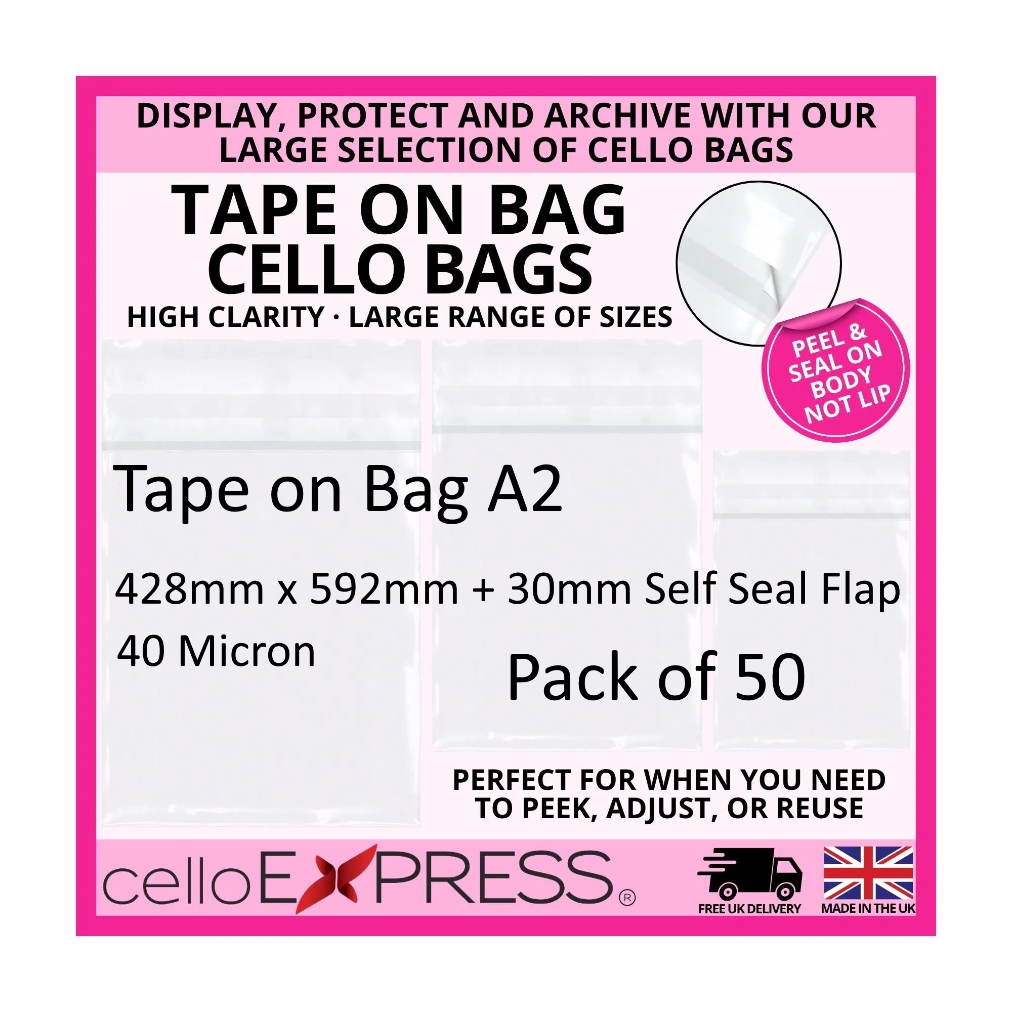 Pack of 50 - Tape on Bag A2 Cello - 428mm x 592mm + 30mm Self Seal Flap - Cellophane Artist Size Cello Display Bags 40 Micron - Large Cello