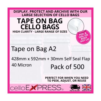 Pack of 500 - Tape on Bag A2 Cello - 428mm x 592mm + 30mm Self Seal Flap - Cellophane Artist Size Cello Display Bags 40 Micron - Large Cello
