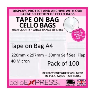 Pack of 100 - Tape on Bag A4 Cello - 220mm x 297mm + 30mm Self Seal Flap - Cellophane Artist Size Cello Display Bags 40 Micron - Large Cello