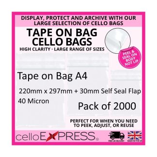 Pack of 2000 - Tape on Bag A4 Cello - 220mm x 297mm + 30mm Self Seal Flap - Cellophane Artist Size Cello Display Bags 40 Micron - Large Cello