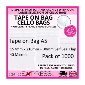 Pack of 1000 - Tape on Bag A5 Cello - 157mm x 210mm + 30mm Self Seal Flap - Cellophane Artist Size Cello Display Bags 40 Micron - Medium Cello