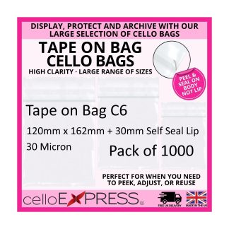 Pack of 1,000 - Tape on Bag C6 - 120mm x 162mm + 30mm Self Seal Flap - Cellophane Greeting Card Display Bags 30 Micron - Small Cello