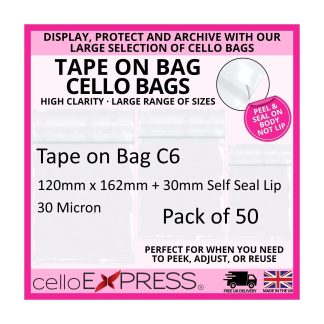 Pack of 50 - Tape on Bag C6 - 120mm x 162mm + 30mm Self Seal Flap - Cellophane Greeting Card Display Bags 30 Micron - Small Cello