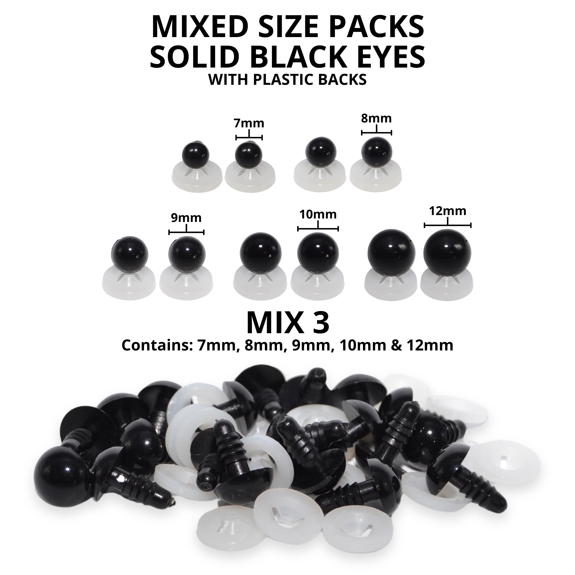 Solid Black Eyes Mix 3 - Dome Eyes with Plastic Backs - Image 3