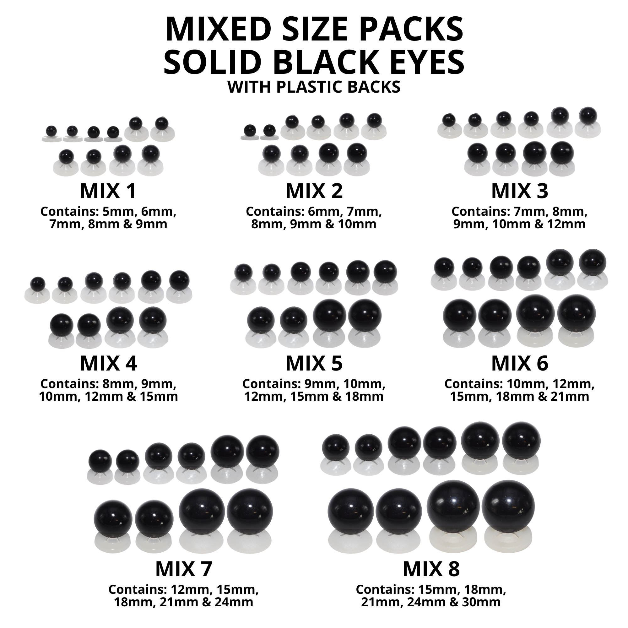 Solid Black Eyes Mix 3 - Dome Eyes with Plastic Backs - Image 4