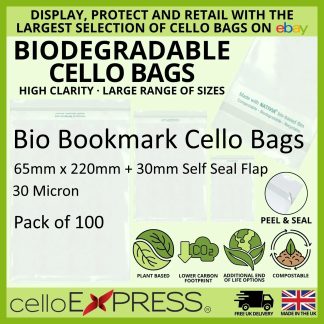 Pack of 100 - Biodegradable Bookmarks - 65mm x 220mm + 30mm Self Seal Flap - Bio PLA Display Bags 30 Micron - Small Cello