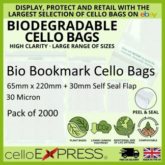 Pack of 2000 - Biodegradable Bookmarks - 65mm x 220mm + 30mm Self Seal Flap - Bio PLA Display Bags 30 Micron - Small Cello