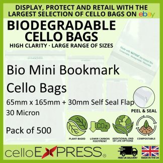 Pack of 500 - Biodegradable Mini Bookmarks - 65mm x 165mm + 25mm Self Seal Flap - Bio PLA Display Bags 30 Micron - Small Cello