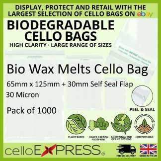 Pack of 1000 - Biodegradable Wax Melts - 65mm x 125mm + 30mm Self Seal Flap - Bio PLA Display Bags 30 Micron - Small Cello