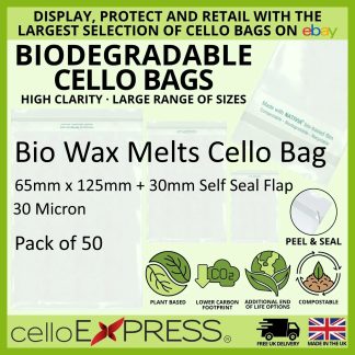 Pack of 50 - Biodegradable Wax Melts - 65mm x 125mm + 30mm Self Seal Flap - Bio PLA Display Bags 30 Micron - Small Cello
