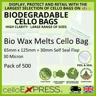 Pack of 500 - Biodegradable Wax Melts - 65mm x 125mm + 30mm Self Seal Flap - Bio PLA Display Bags 30 Micron - Small Cello