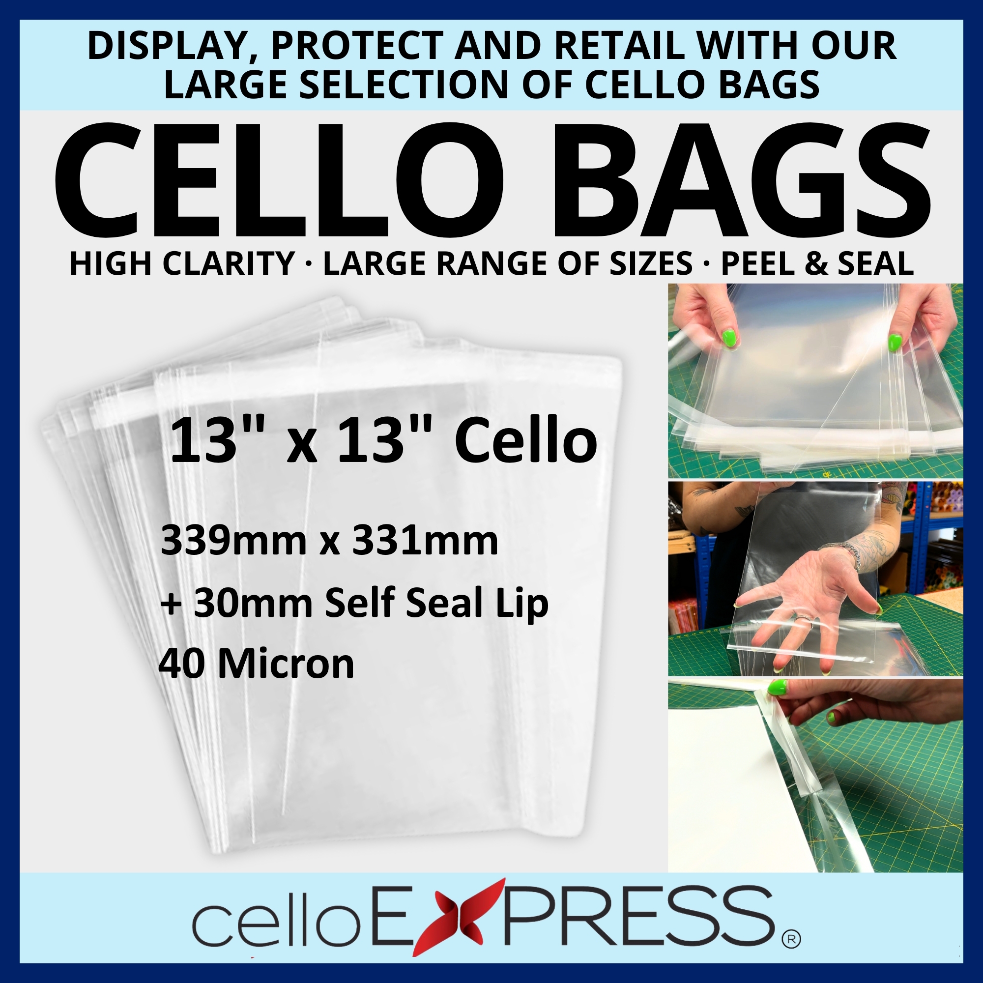 13" x 13" 339mm x 331mm Photo Mount Cello Bags - Self Seal Cellophane Display - Image 2