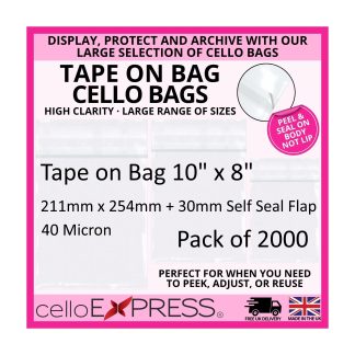 Pack of 2000 - Tape on Bag 10" x 8" - 211mm x 254mm + 30mm Self Seal Flap - Mounted Photograph Cellophane Display Bags 40 Micron - Medium Cello