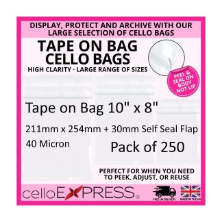 Pack of 250 - Tape on Bag 10" x 8" - 211mm x 254mm + 30mm Self Seal Flap - Mounted Photograph Cellophane Display Bags 40 Micron - Medium Cello