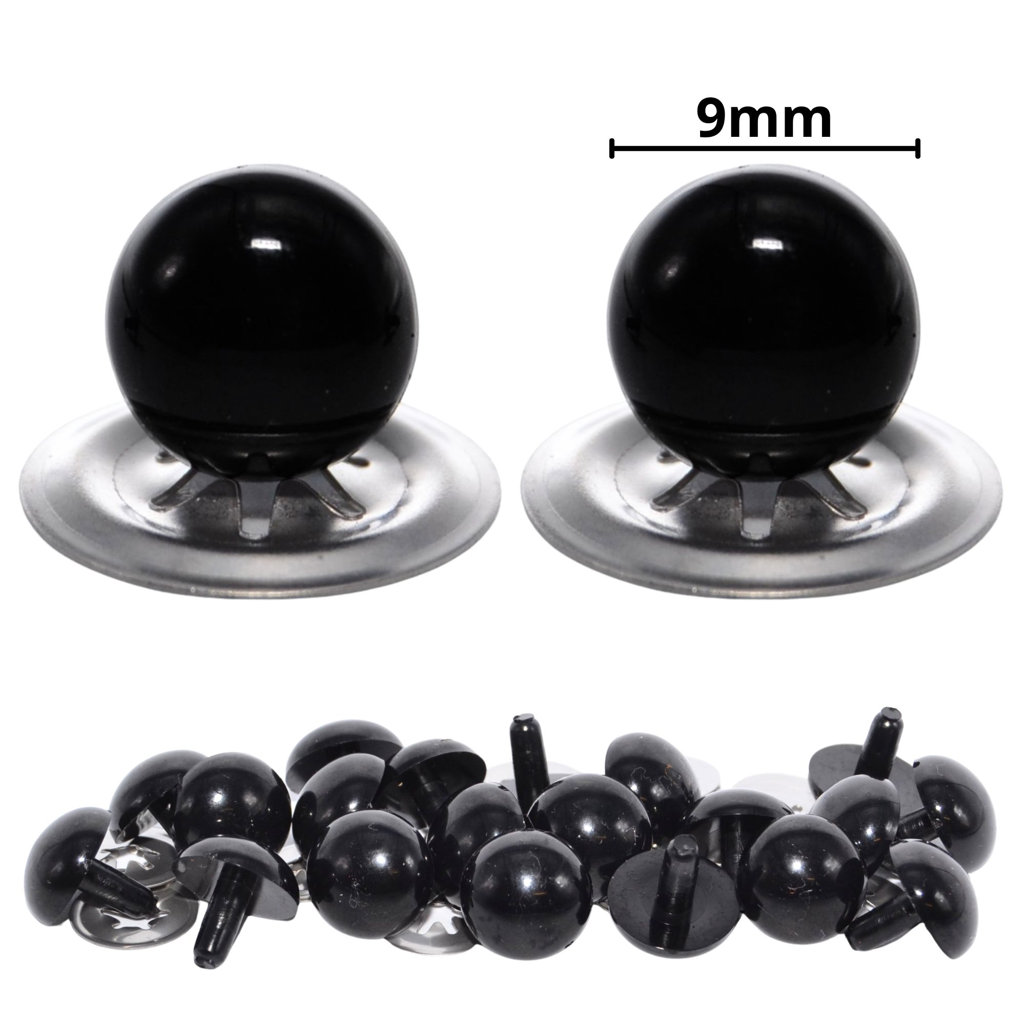 9mm Solid Black Eyes with Metal Backs