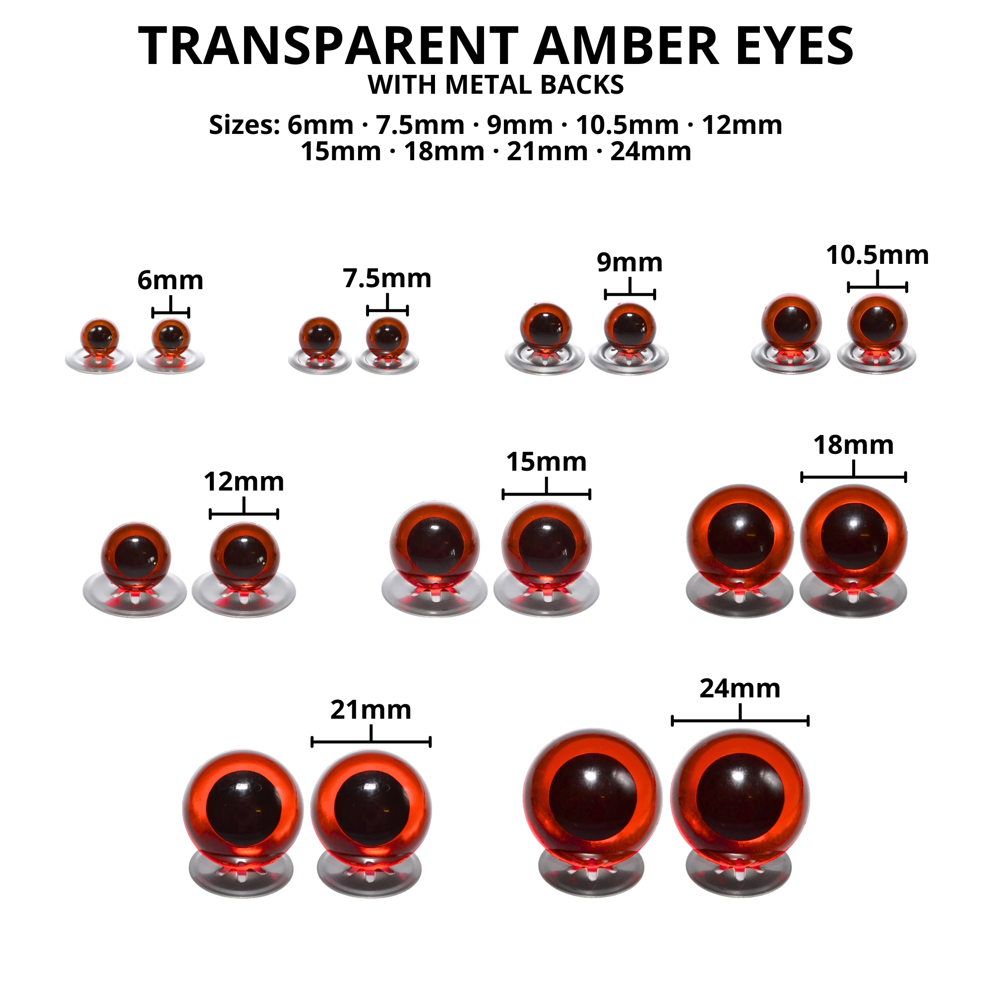 18mm Transparent Amber Crystal Eyes with Metal Backs - Image 3