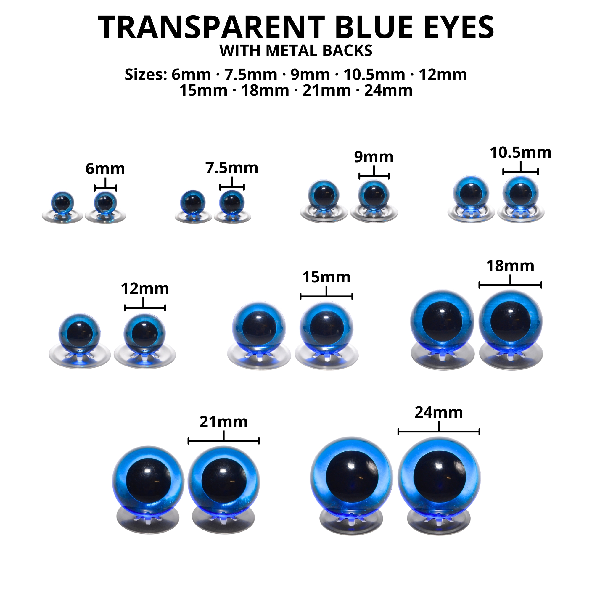 10.5mm Transparent Blue Crystal Eyes with Metal Backs - Image 3