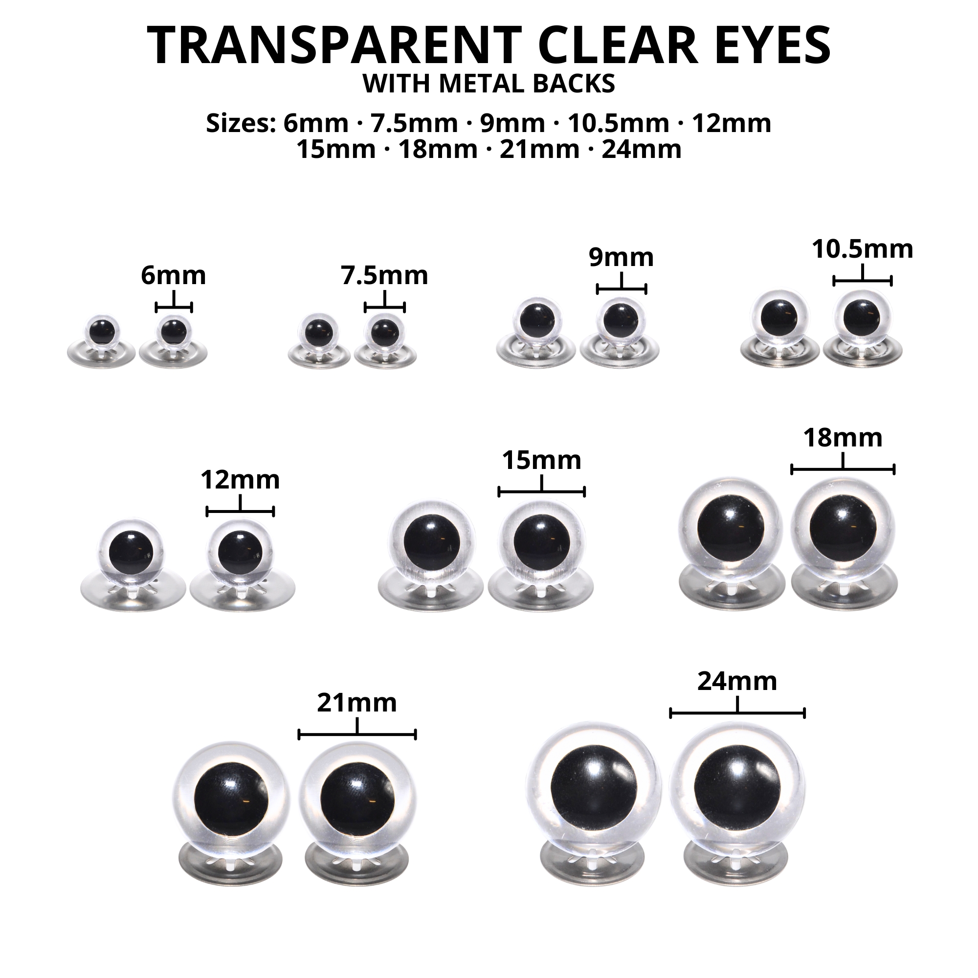 10.5mm Transparent Clear Crystal Eyes with Metal Backs - Image 3