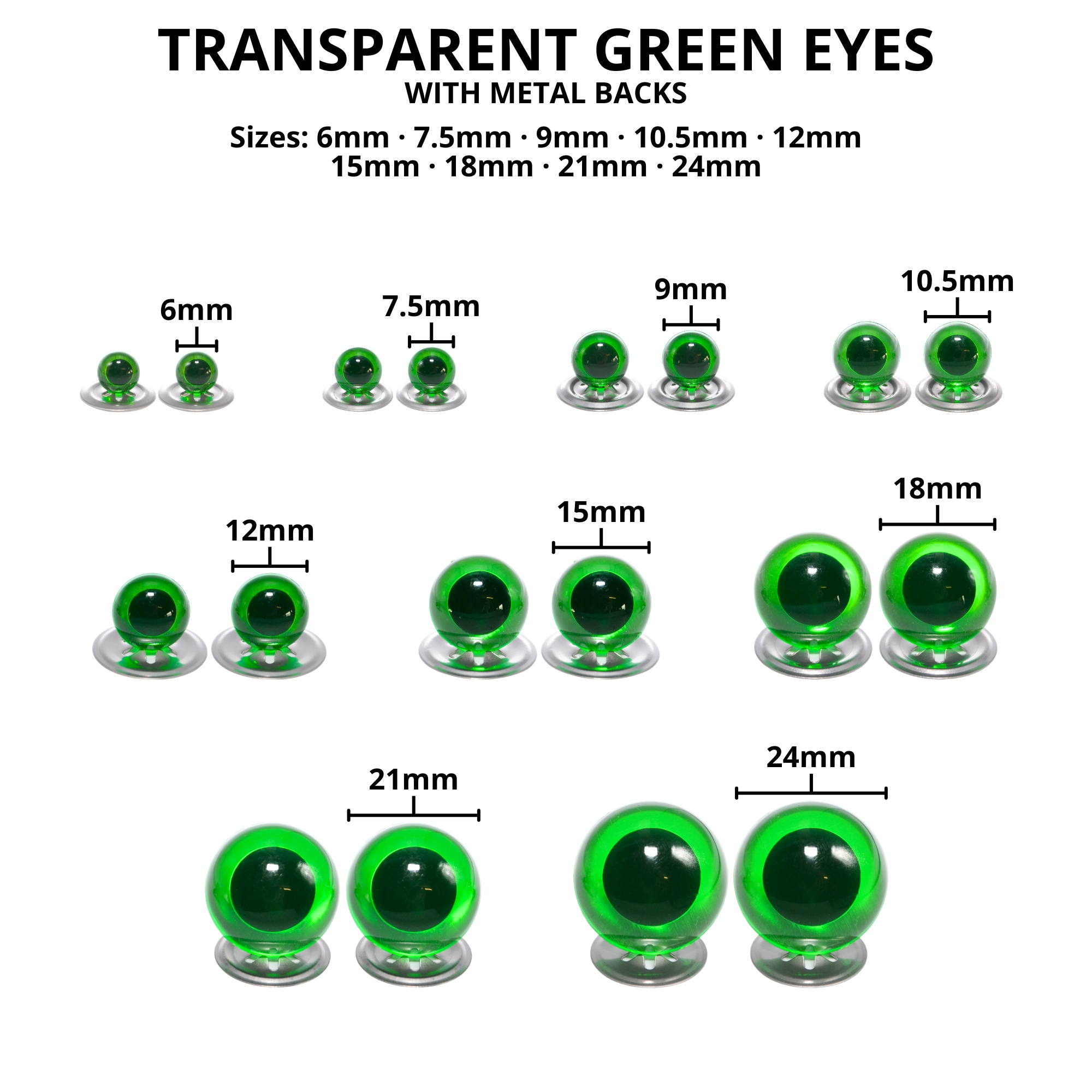 21mm Transparent N. Green Crystal Eyes with Metal Backs - Image 3